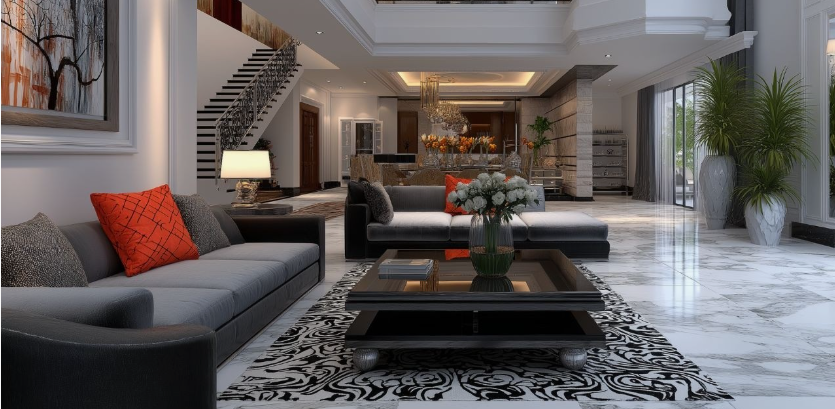 A luxurious, spacious modern apartment living room featuring sleek grey sofas, a vibrant orange throw pillow, a dark tiered coffee table on a patterned rug, polished marble floors, and an open-concept staircase in the background.