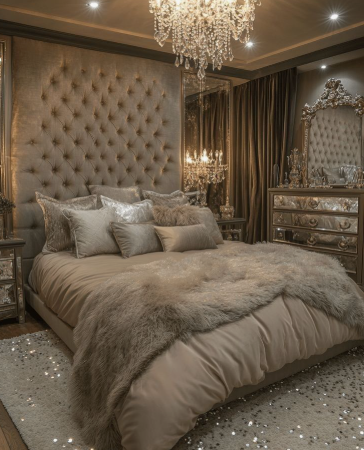 A luxurious bedroom featuring a tall tufted upholstered headboard, a bed styled with plush neutral pillows and a fluffy faux-fur throw blanket, a sparkling crystal chandelier overhead, a decorative mirrored dresser, and a shimmering metallic area rug, offering glamorous inspiration for renter-friendly home decor ideas.