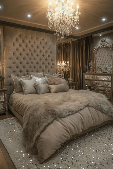 A luxurious bedroom featuring a tall tufted upholstered headboard, a bed styled with plush neutral pillows and a fluffy faux-fur throw blanket, a sparkling crystal chandelier overhead, a decorative mirrored dresser, and a shimmering metallic area rug, offering glamorous inspiration for renter-friendly home decor ideas.