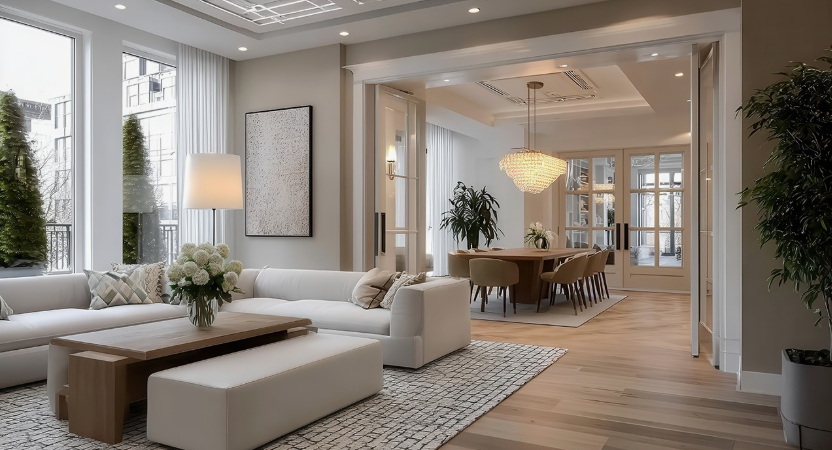 A luxurious, bright living and dining room featuring a white sectional sofa, a wooden coffee table, a patterned area rug, and an adjoining dining space with a statement chandelier, showcasing how to decorate when everything doesn't match.