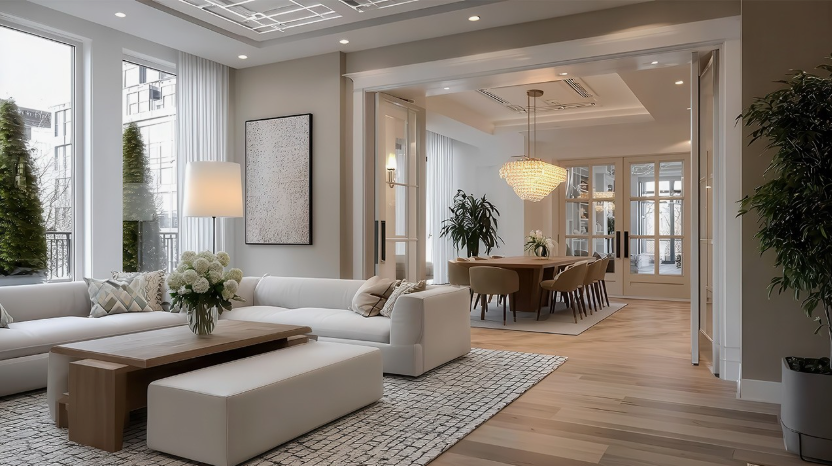 A luxurious, bright living and dining room featuring a white sectional sofa, a wooden coffee table, a patterned area rug, and an adjoining dining space with a statement chandelier, showcasing how to decorate when everything doesn't match.