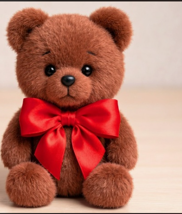 A hand holding a fuzzy brown sock next to a completed handmade teddy bear made from a matching sock and adorned with a large red bow, showcasing cheap DIY crafts on a budget.