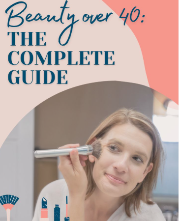 A woman applying makeup with a brush beneath bold text reading "Beauty over 40: The Complete Guide," showcasing beauty tips for women over 40.