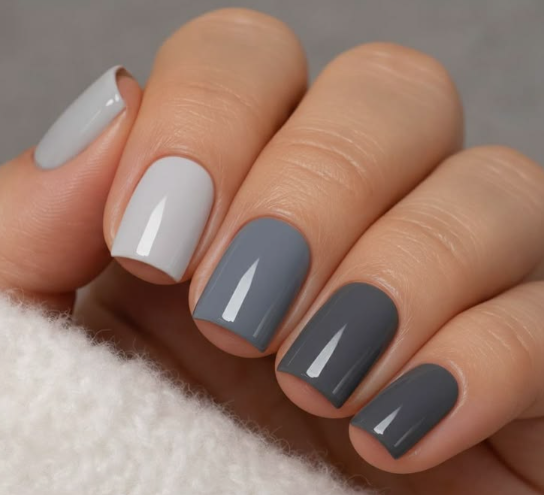 Close-up of professional gradient gray and white nails showcasing office-friendly nail designs for a polished workplace look.