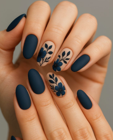 Medium oval matte dark navy blue nails paired with neutral accent nails featuring delicate dark blue botanical floral art, providing a sophisticated look for office-friendly nail designs.