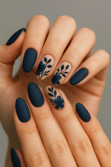 Medium oval matte dark navy blue nails paired with neutral accent nails featuring delicate dark blue botanical floral art, providing a sophisticated look for office-friendly nail designs.
