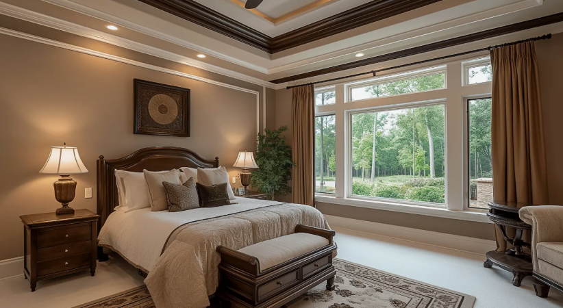 Luxurious bedroom featuring warm taupe walls, a traditional wooden bed frame, a patterned area rug, tray ceiling, and large windows with rich drapes, demonstrating sophisticated ideas on how to make a boring room look better.