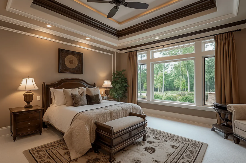 How to Make a Boring Room Look Better: 15 Simple Fixes Luxurious bedroom featuring warm taupe walls, a traditional wooden bed frame, a patterned area rug, tray ceiling, and large windows with rich drapes, demonstrating sophisticated ideas on how to make a boring room look better.