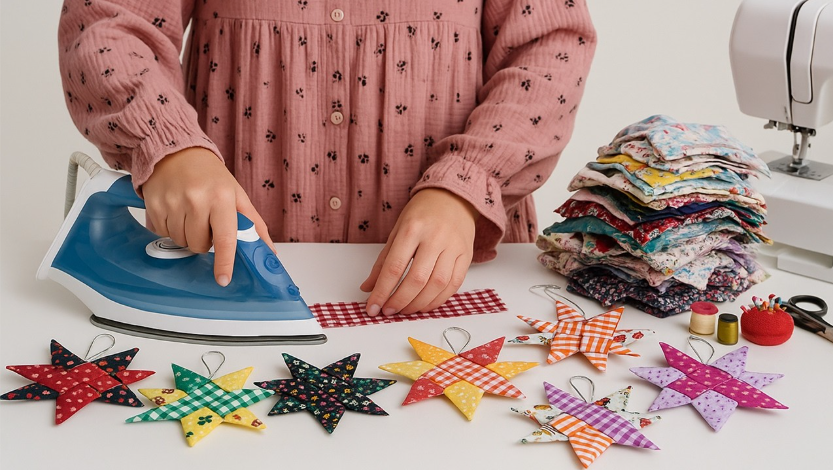 20 No-Sew DIY Crafts for Adults Person using an iron to press fabric pieces alongside handmade star ornaments and a stack of colorful textiles, showcasing creative no-sew DIY crafts for adults.