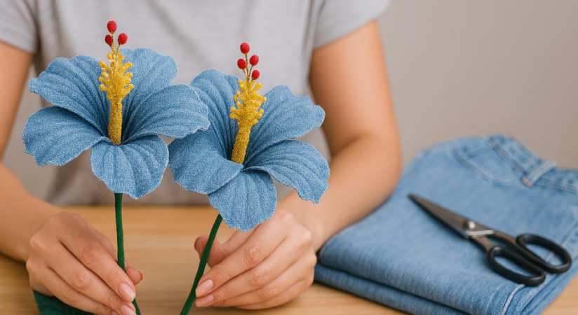 20 No-Sew DIY Crafts for Adults Person holding two handcrafted blue denim hibiscus flowers with yellow and red stamens, alongside folded jeans and scissors, showcasing creative no-sew DIY crafts for adults.