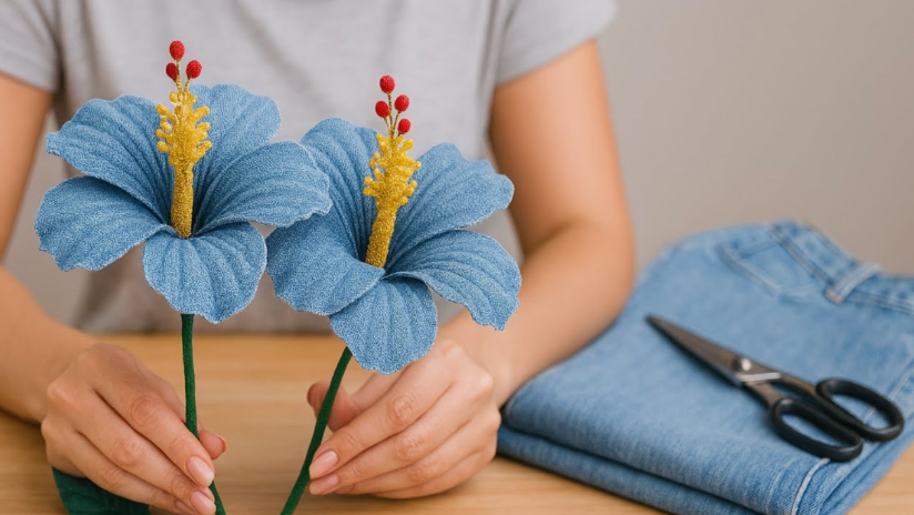 Person holding two handcrafted blue denim hibiscus flowers with yellow and red stamens, alongside folded jeans and scissors, showcasing creative no-sew DIY crafts for adults.