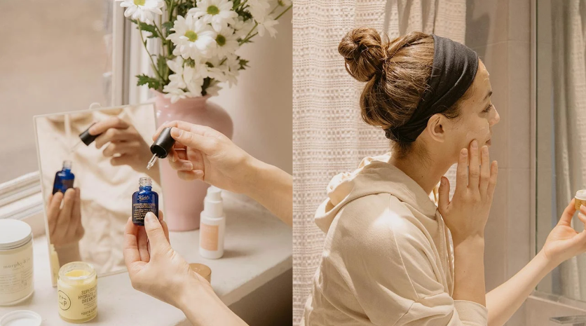 A woman applying skincare or makeup products near a sunlit window, demonstrating a quick 5-minute beauty routine.