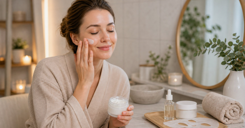 A smiling woman in a robe applying a rich cream to her cheek during a relaxing morning skincare session, perfect for a fast 5-minute beauty routine.
