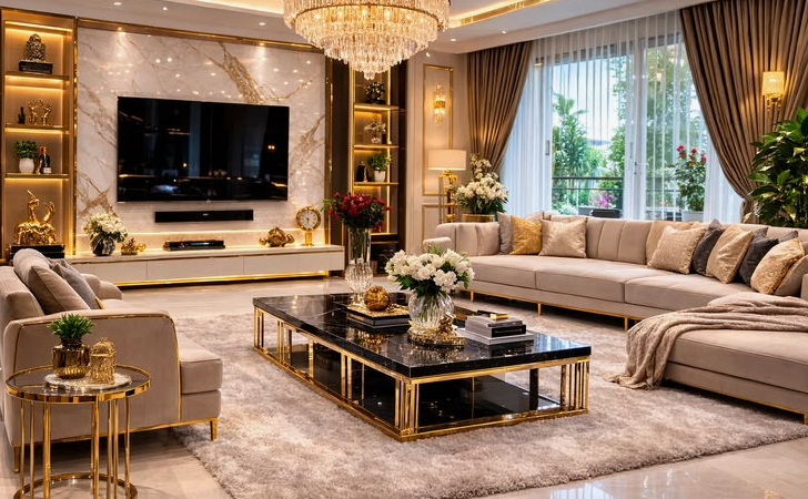 A luxurious modern living room featuring a large crystal chandelier, a marble-accented wall unit with a flat-screen TV, a gold-trimmed black marble coffee table, and an expansive sectional sofa, presented as an interior design project under the keyphrase one hour crafts.
