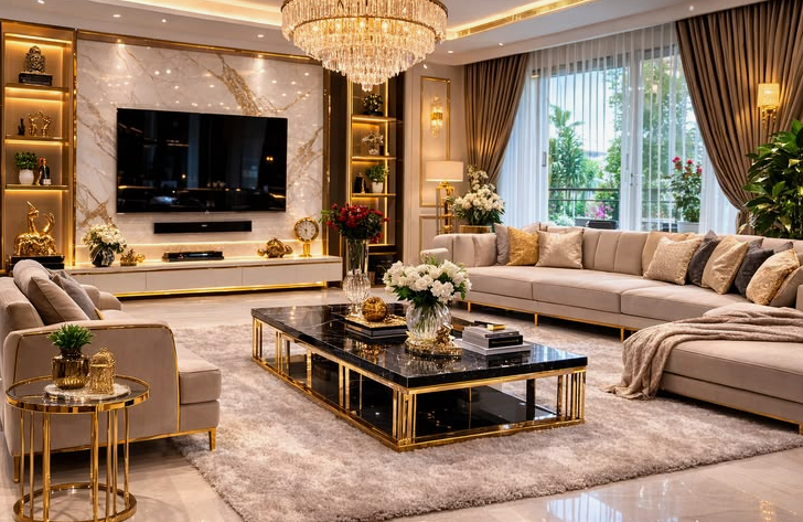 A luxurious modern living room featuring a large crystal chandelier, a marble-accented wall unit with a flat-screen TV, a gold-trimmed black marble coffee table, and an expansive sectional sofa, presented as an interior design project under the keyphrase one hour crafts.