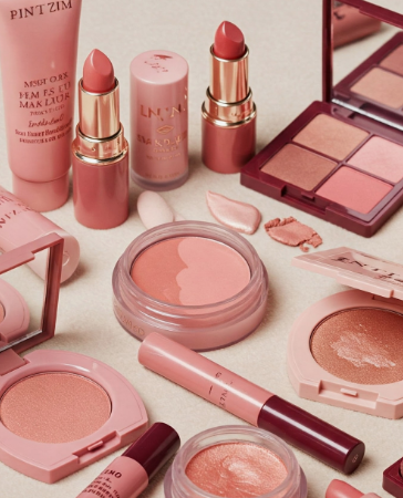 A flat lay arrangement of pink and nude beauty products you actually need, featuring a tube of cream, lipsticks, eyeshadow palettes, compact blushers, and lip glosses on a neutral surface.