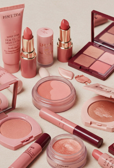 A flat lay arrangement of pink and nude beauty products you actually need, featuring a tube of cream, lipsticks, eyeshadow palettes, compact blushers, and lip glosses on a neutral surface.