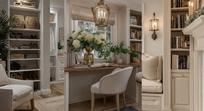 A three-panel collage of cozy, sophisticated home nooks showcasing home decor ideas without buying anything, featuring neatly organized open closet shelving on the left, a sunlit window desk styled with lush white hydrangeas and a gilded lantern in the center, and a warm reading bench beside built-in bookshelves on the right.