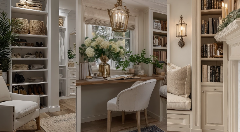 A three-panel collage of cozy, sophisticated home nooks showcasing home decor ideas without buying anything, featuring neatly organized open closet shelving on the left, a sunlit window desk styled with lush white hydrangeas and a gilded lantern in the center, and a warm reading bench beside built-in bookshelves on the right.