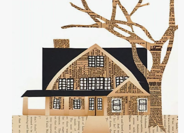 A mixed-media art piece featuring a house and a large tree collaged from old newspaper and book pages against a white background, representing creative home decor ideas without buying anything.