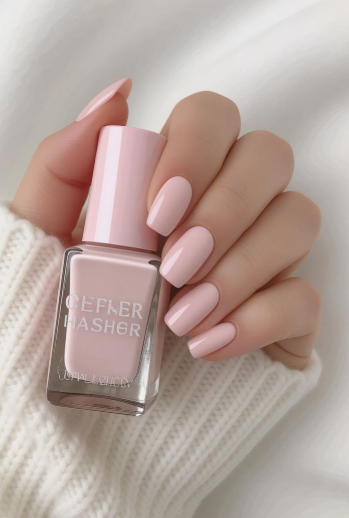 25 Nail Colors That Make Hands Look Younger A hand wearing a cozy white sweater holding a bottle of soft pastel pink polish, showcasing nail colors that make hands look younger.