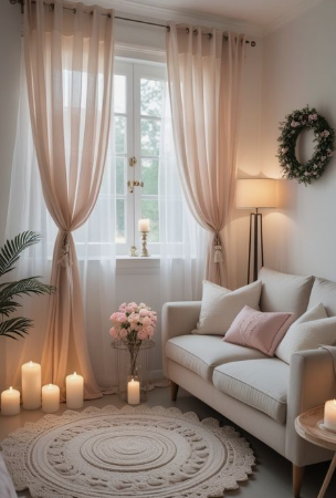 A cozy, serene apartment corner featuring a cream-colored loveseat, soft blush curtains framing a bright window, a round textured rug, and glowing candles, highlighting peaceful small apartment decor ideas.