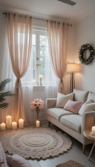 A cozy, serene apartment corner featuring a cream-colored loveseat, soft blush curtains framing a bright window, a round textured rug, and glowing candles, highlighting peaceful small apartment decor ideas.