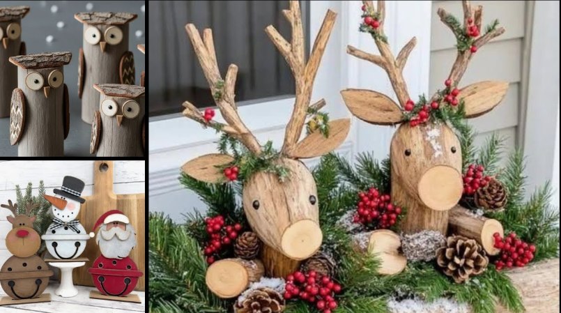A collage of charming handmade holiday displays featuring rustic twig reindeer, wooden owls, and festive snowmen made from natural materials, showcasing creative DIY crafts that look expensive.