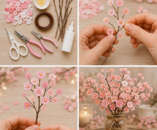 A step-by-step DIY tutorial collage showing how to make cherry blossom branches using twigs, glue, and pink buttons arranged in a glass jar, demonstrating gorgeous DIY crafts that look expensive for home decor.