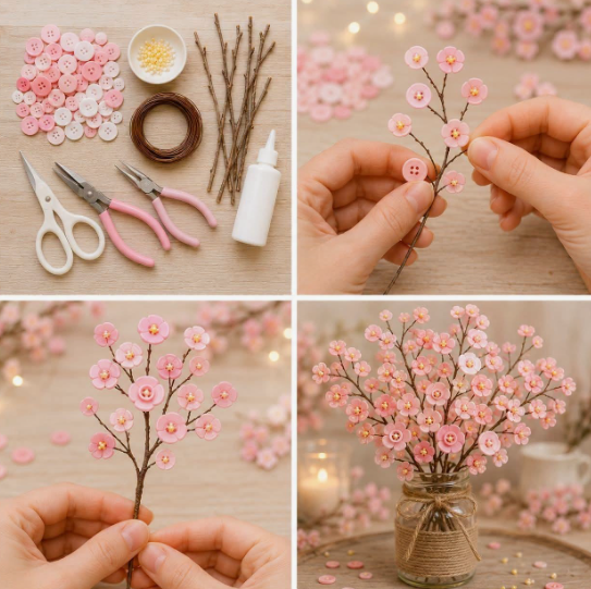A step-by-step DIY tutorial collage showing how to make cherry blossom branches using twigs, glue, and pink buttons arranged in a glass jar, demonstrating gorgeous DIY crafts that look expensive for home decor.