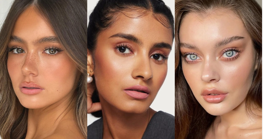 2026 Beauty Trends That Are Actually Worth Trying A triptych portrait of three models showcasing fresh-faced makeup, glowing skin, and natural tones, highlighting top 2026 beauty trends for minimalist glam.