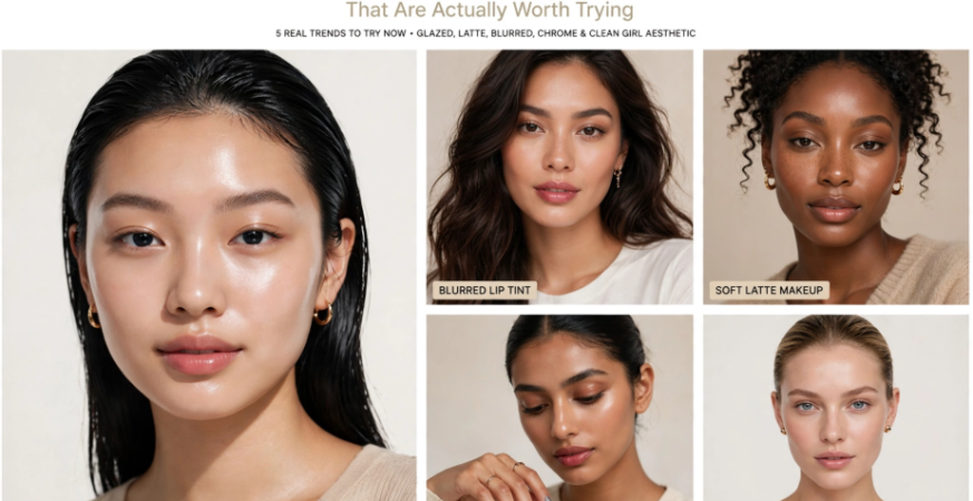 2026 Beauty Trends That Are Actually Worth Trying A professional Pinterest pin graphic titled "2026 Beauty Trends That Are Actually Worth Trying" featuring a collage of five top makeup and skincare looks.