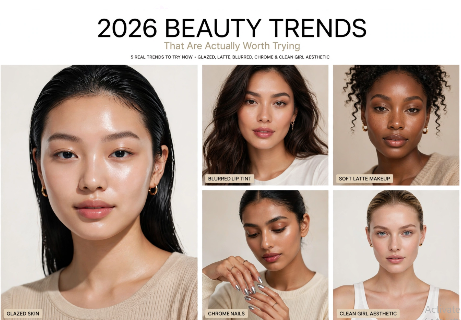 A professional Pinterest pin graphic titled "2026 Beauty Trends That Are Actually Worth Trying" featuring a collage of five top makeup and skincare looks.