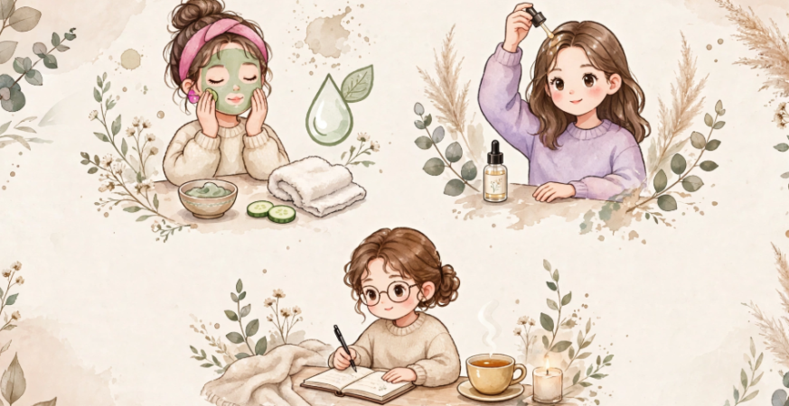 "Watercolor illustration featuring cute characters engaging in self-care activities like applying a face mask, using hair oil, and journaling during a Sunday beauty reset routine."