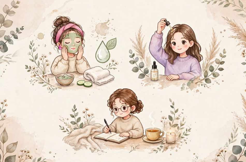 "Watercolor illustration featuring cute characters engaging in self-care activities like applying a face mask, using hair oil, and journaling during a Sunday beauty reset routine."