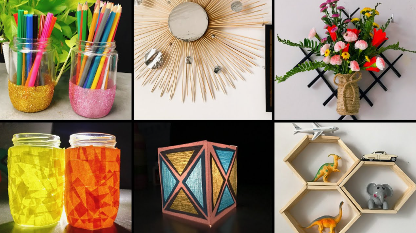 A collage of creative handmade items showcasing 25 easy DIY home decor crafts, including glitter pencil jars, a sunburst wall mirror, a rustic wall vase with flowers, and hexagonal popsicle stick shelves."