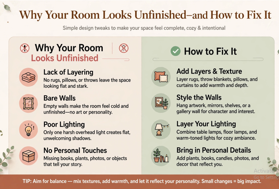"An infographic titled 'Why Your Room Looks Unfinished—and How to Fix It,' detailing design mistakes like lack of layering and bare walls alongside easy solutions, showcased as part of 25 easy DIY home decor crafts for interior styling tips."