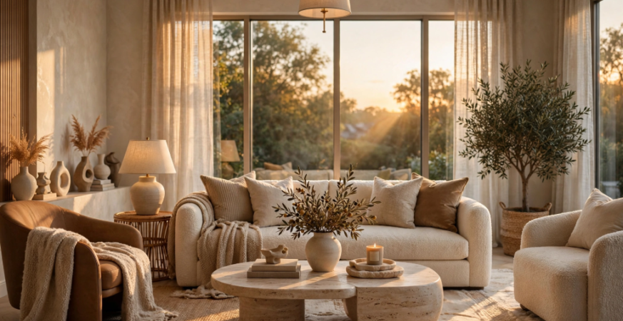 Why Your Room Looks Unfinished—and How to Fix It "A beautifully styled, sunlit living room featuring warm neutral tones, floor-to-ceiling linen curtains, travertine coffee tables, and layered cozy textures, showcased as part of 25 easy DIY home decor crafts for interior design styling tips."