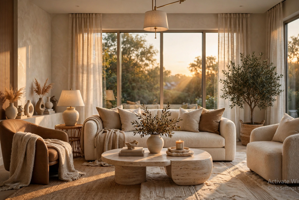 "A beautifully styled, sunlit living room featuring warm neutral tones, floor-to-ceiling linen curtains, travertine coffee tables, and layered cozy textures, showcased as part of 25 easy DIY home decor crafts for interior design styling tips."