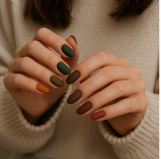 Hands displaying short, almond-shaped matte nails in an earthy gradient of deep greens, browns, and burnt orange, perfect for fall nail ideas 2026.
