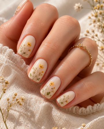 A hand resting on a white fabric surface displaying short, squoval nails with delicate yellow floral botanical art, styled for fall nail ideas 2026.