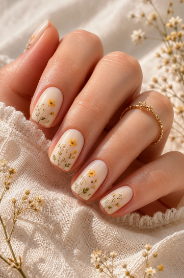 A hand resting on a white fabric surface displaying short, squoval nails with delicate yellow floral botanical art, styled for fall nail ideas 2026.