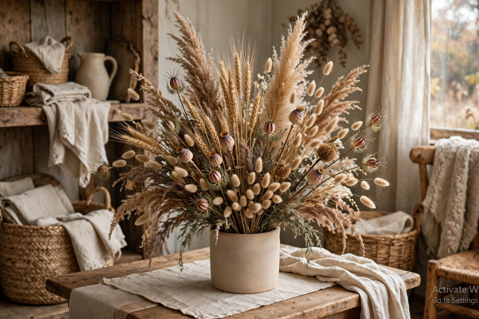 A neutral white vase filled with dried pampas grass and botanical elements, showcasing minimalist fall decor ideas without pumpkins in a cozy room setting.