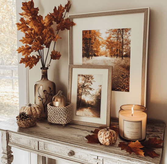 A warm autumn tabletop display featuring glowing candles, dried cedar branches, fallen leaves, and cinnamon sticks, showcasing cozy fall decor ideas without pumpkins.