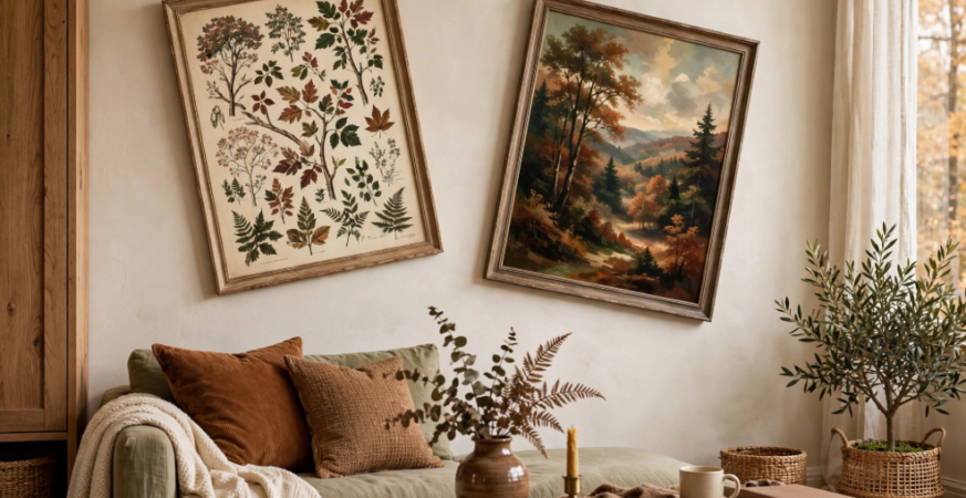A cozy living room wall styled with framed botanical prints and autumn landscape art, showcasing creative fall decor ideas without pumpkins.