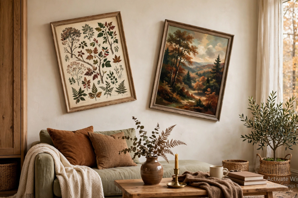 A cozy living room wall styled with framed botanical prints and autumn landscape art, showcasing creative fall decor ideas without pumpkins.