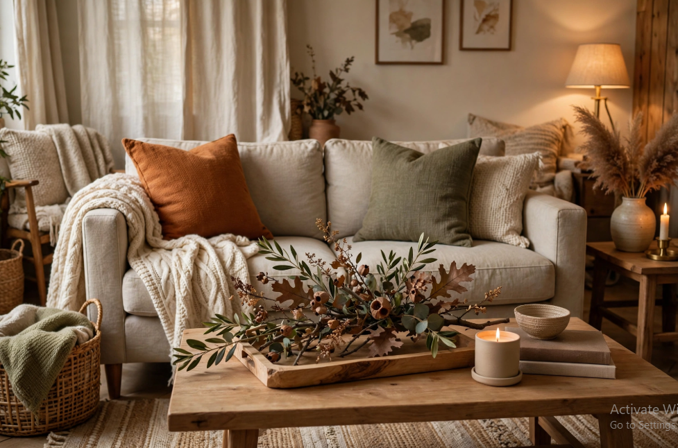 A warm living room styled with a wooden coffee table tray of autumn branches, knit throw blankets, and rust and green pillows, showcasing cozy fall decor ideas without pumpkins.