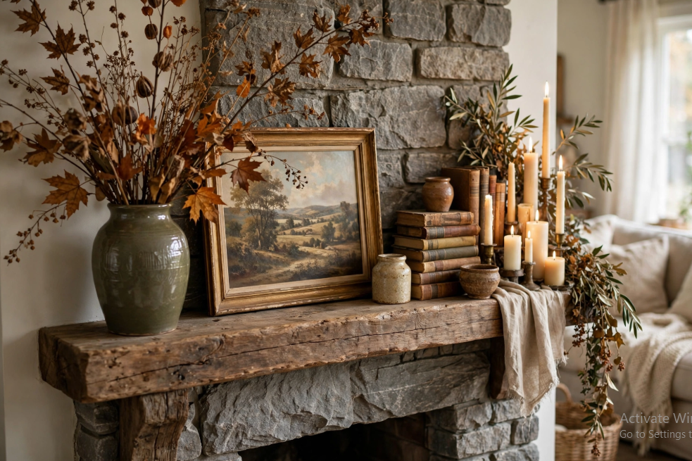 A rustic stone fireplace mantel styled with an autumn landscape painting, a crock of dried branches, stacked books, and glowing candles, showcasing beautiful fall decor ideas without pumpkins.
