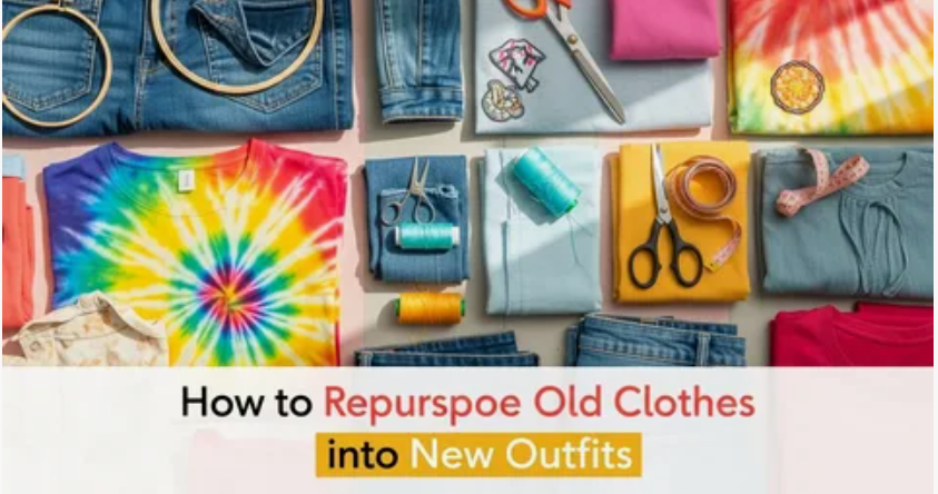 20 DIY Crafts With Old Clothes That Are Easy to Make A flat lay showing folded denim, tie-dye shirts, spools of thread, and sewing tools arranged for upcycling projects, showcasing creative DIY crafts with old clothes.