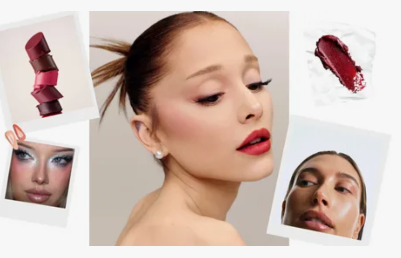 A curated collage demonstrating which makeup look is trending now, featuring skin-first radiant complexions, bold statement berry lips, and frosted metallic eye accents.